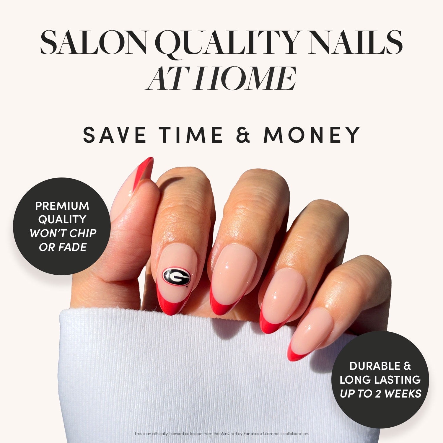 Glamnetic x Fanatics Press On Nails - Georgia Bulldogs | Short Almond Fake Nails, NCAA Bulldogs Red French Tips, College Nails, Salon-Quality | 15 Sizes - 30 Nail Kit with Glue