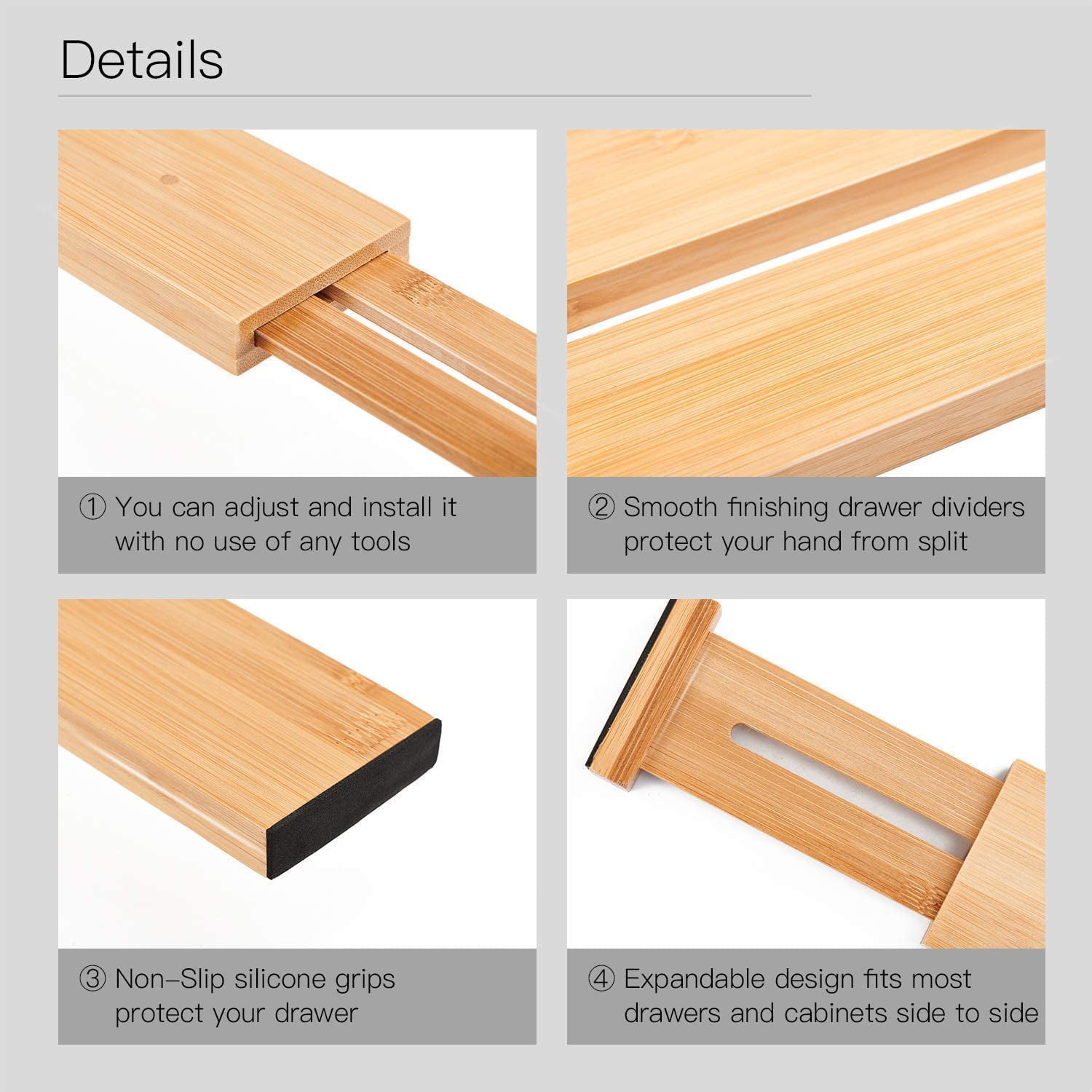 Utoplike 4 Pack Bamboo Kitchen Drawer Dividers(16.8-21.8IN),Adjustable Drawer Organizers,Spring Loaded,Works in Kitchen,Dresser,Bathroom,Bedroom,Baby Drawer,Desk