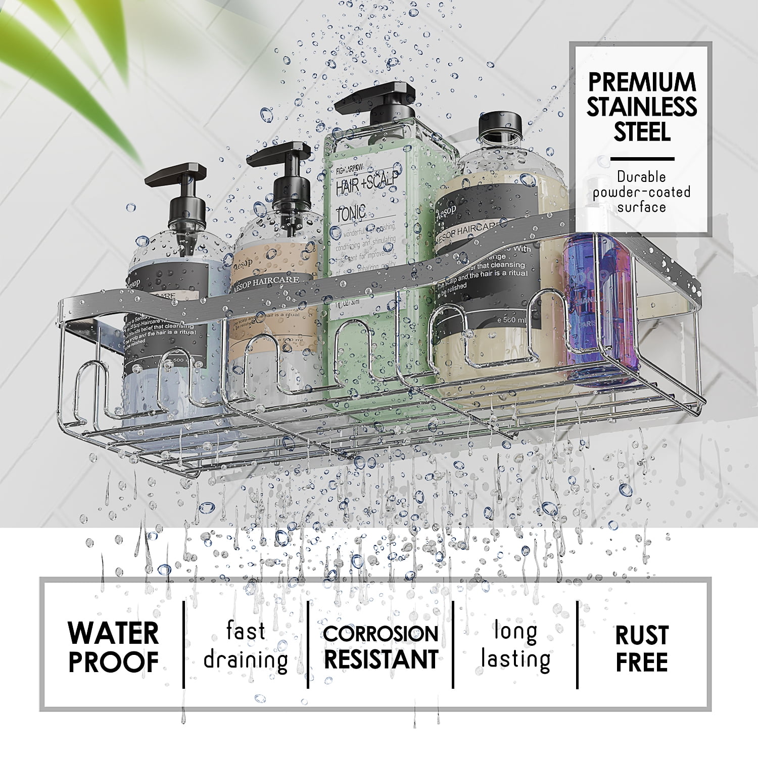 Virtu 5 Pack Adhesive Steel Shower Caddy Organizer, Heavy Duty Stainless Steel Rustproof Shower Caddy, Silver Chrome