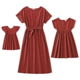 thumbnail image 2 of IBTOM CASTLE Mommy and Me Matching Dresses Ruffled Midi Dress Summer Solid Color Stripe Mom Daughter Matching Outfits 6-9 Months Wine Red, 2 of 8