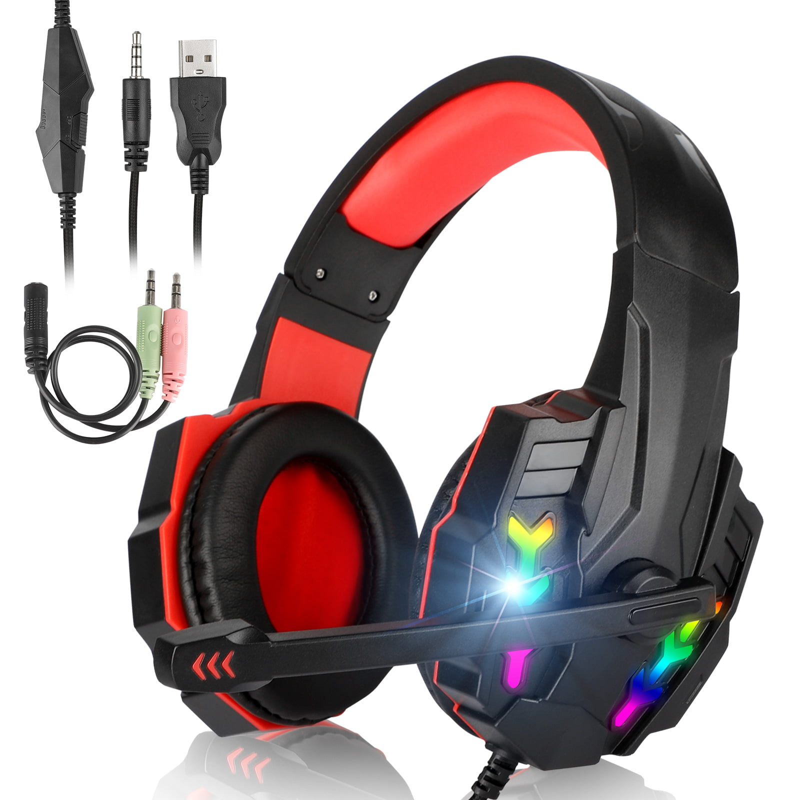 50mm Driver 3.5mm Gaming Headset with Microphone for PC Xbox One 120 Degree Boom Mic Noise Cancelling Gaming Headphones with Mic for Switch PS4 LED Light PS5 Soft Memory Earmuff for Laptop Mac