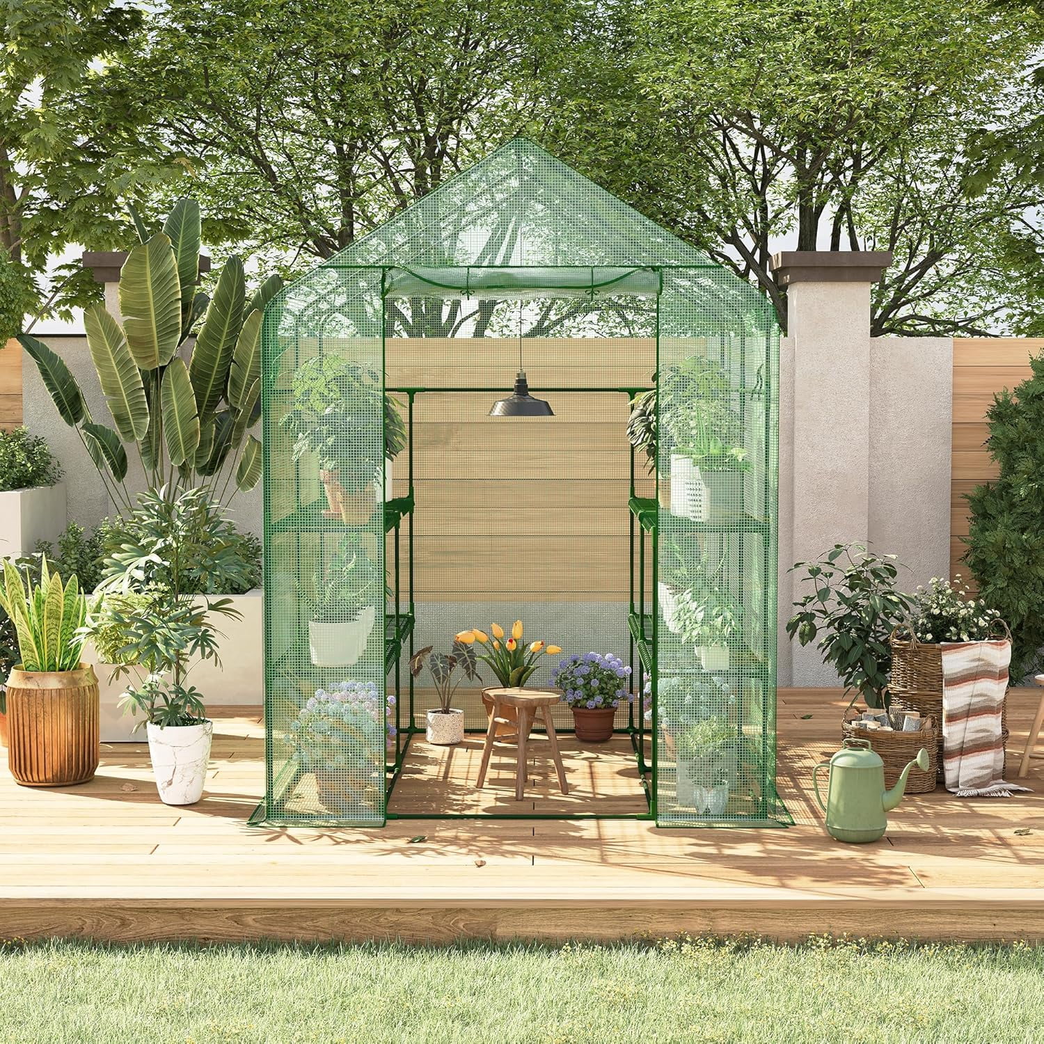 Yiwa 57"x57"x77" Portable Greenhouse with Thickened PE Cover & Roll-up Zipper Door - Walk-in Tunnels for Seedlings, Flowers, 12-Tier Shelves