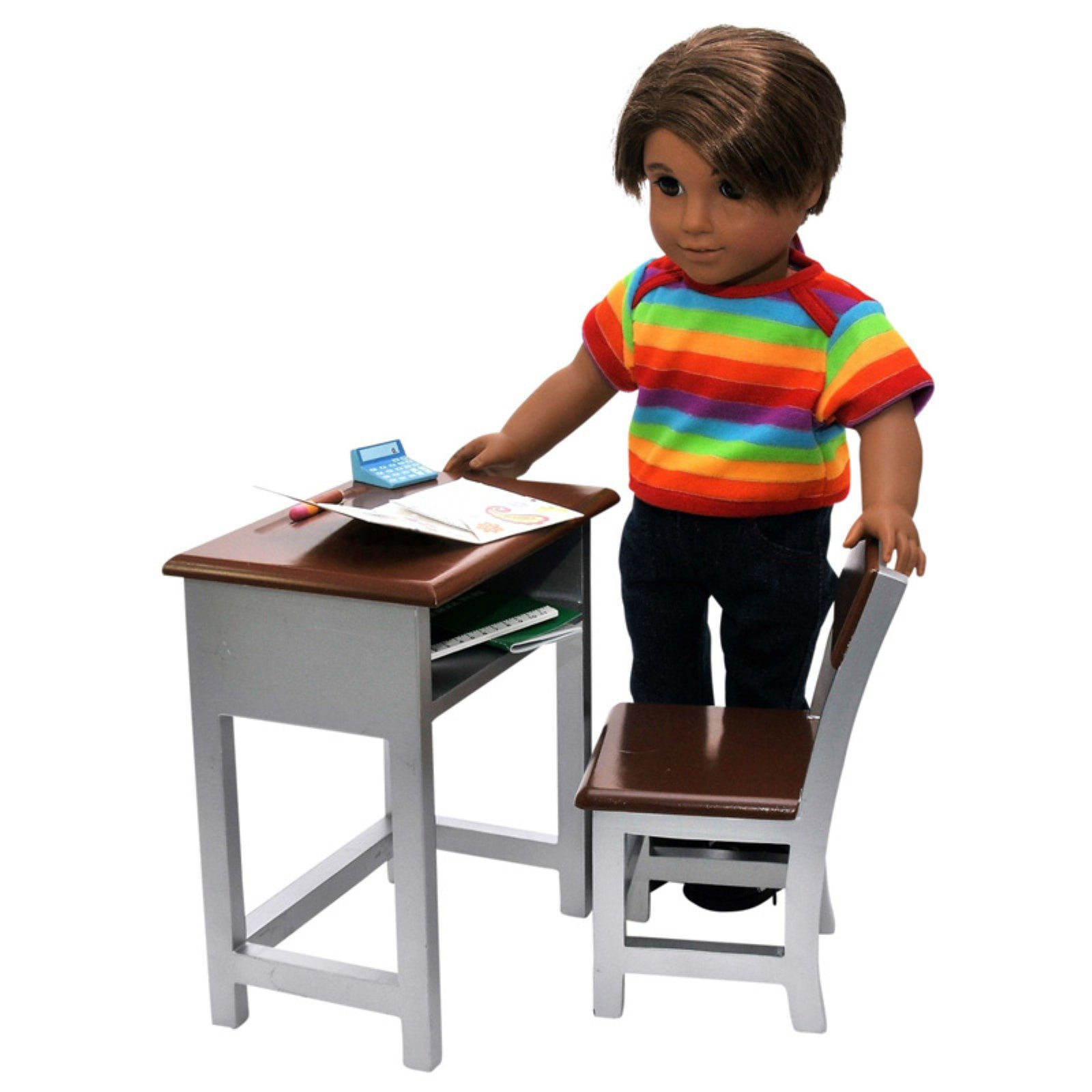 Wooden Modern School Desk Chair And Storage Shelf Plush Supply Accessories Sized For 18 Inch American Girl Dolls