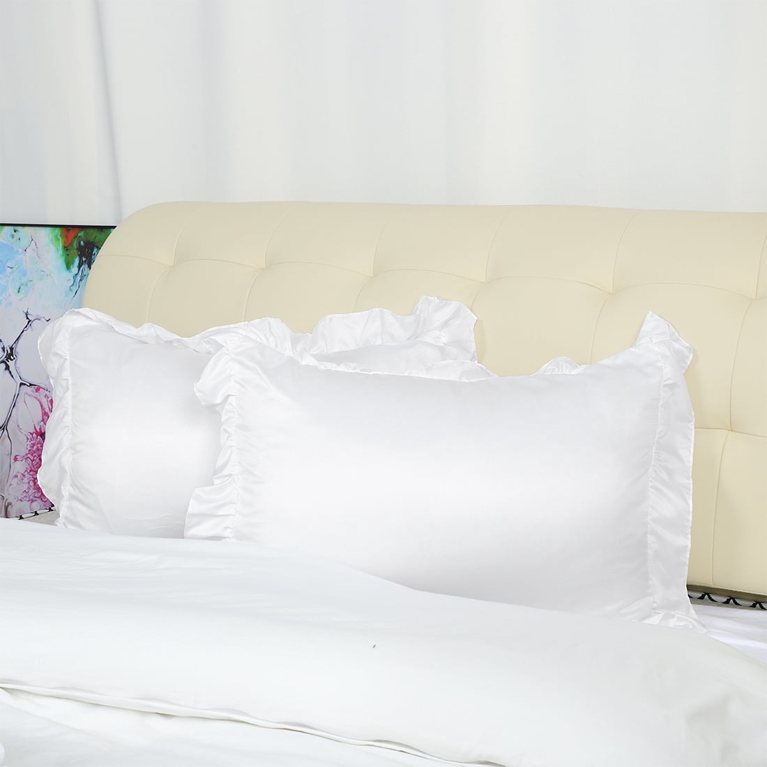 Unique Bargains 4-Piece Satin Ruffled Edge Pillow Shams, Queen, White