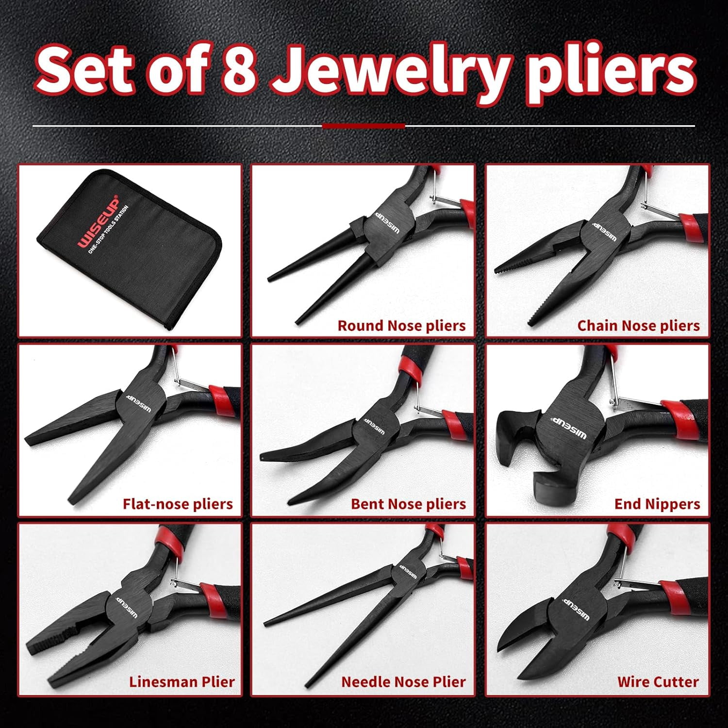 8-Piece Mini Set，Needle, Round, Flat, Long, Bent Nose, Diagonal, End Cutting & Linesman for Crafting, Electronics & Jewelry Making，with Pouch