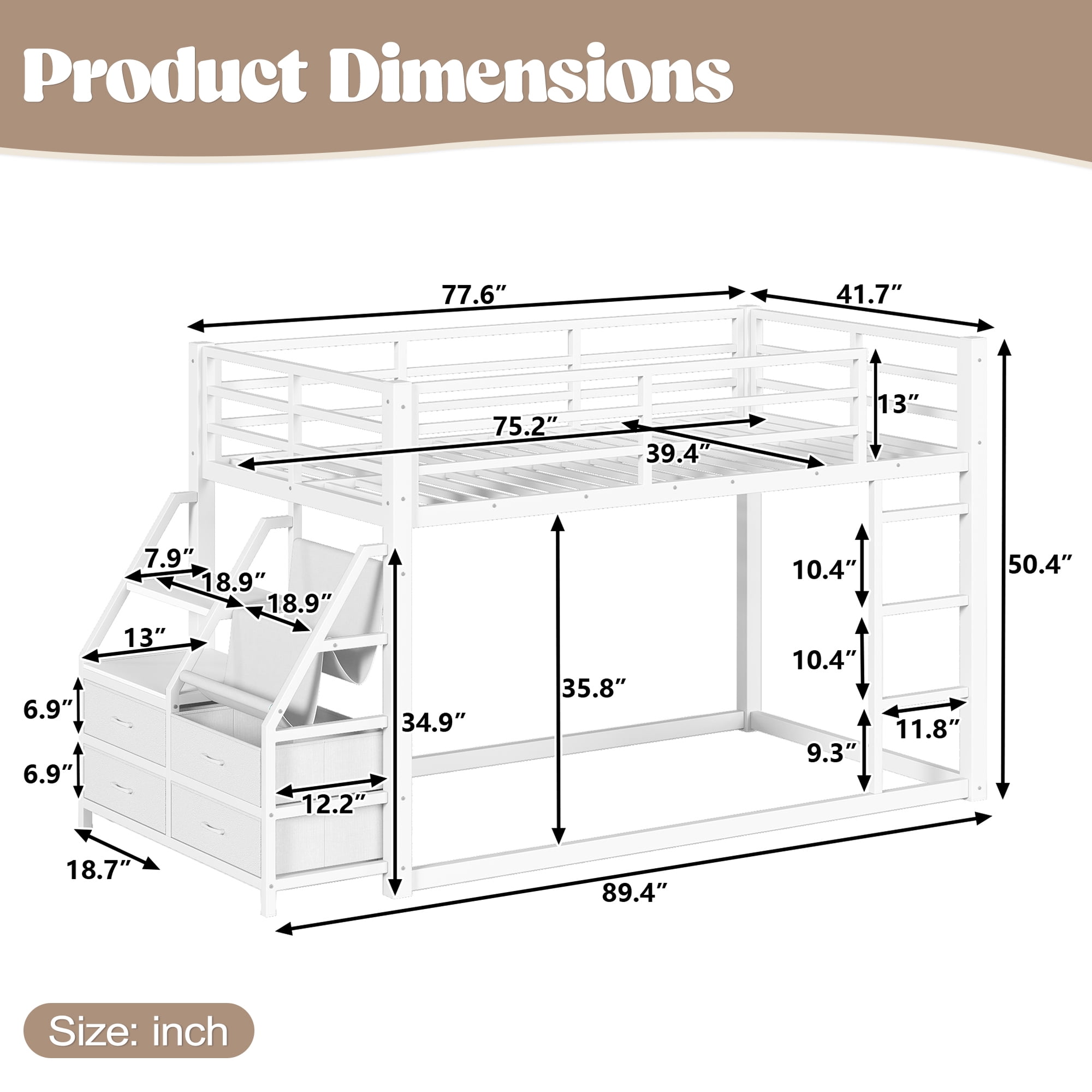Leumius Metal Bunk Bed Twin over Twin with Storage Shelves and Drawers,Metal Bunk Bed Frame with LED Lights,No Box Spring Need,White