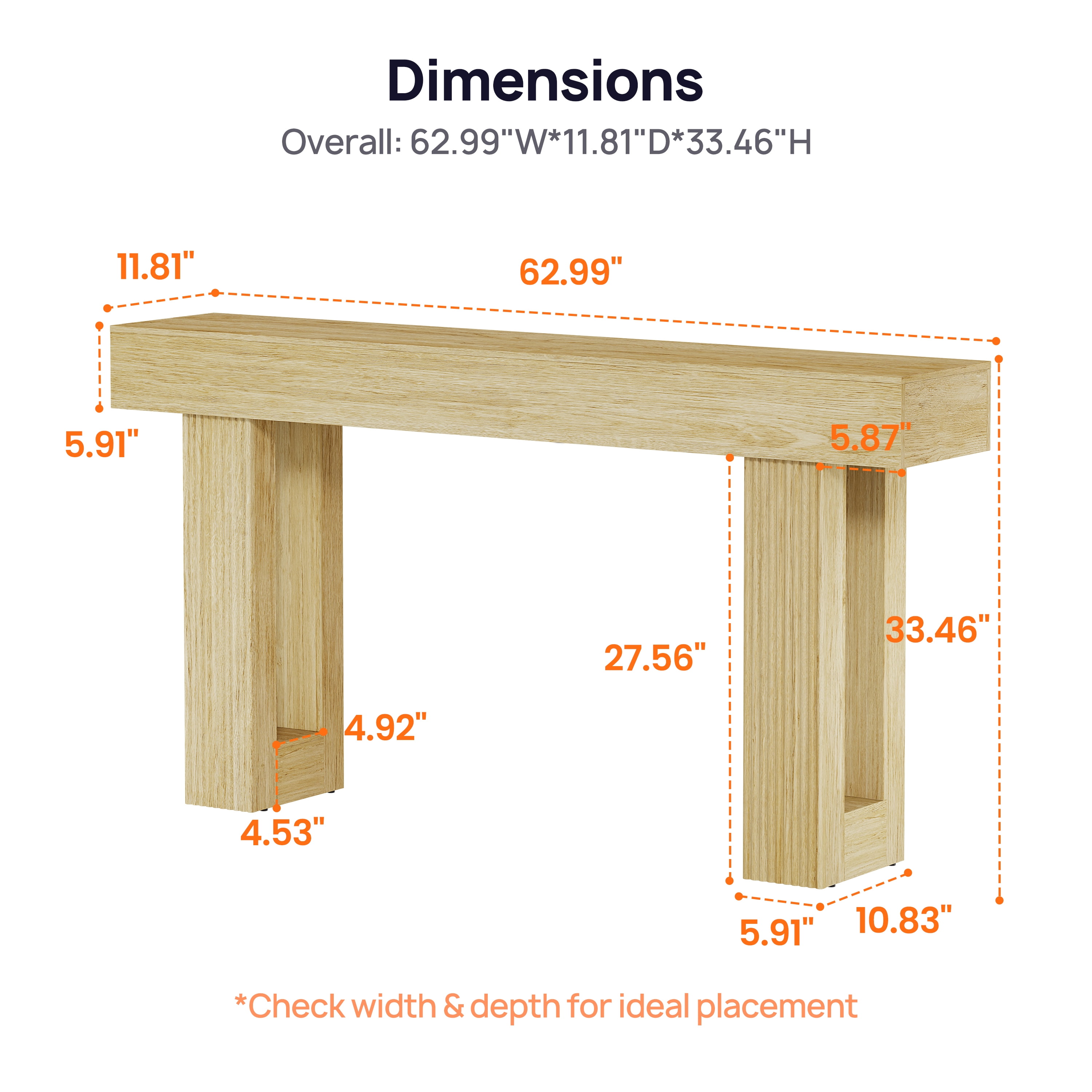 CHIC HOUSE 63" Fluted Entryway Console Table, Farmhouse Long Narrow Wooden Sofa Table Behind the Couch for Living Room, Hallway, Entrance, Foyer, Natural Oak