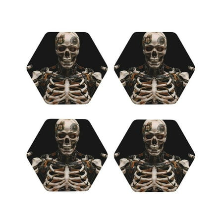 

KLL Drink Coasters Set Hexagon of 4 PU Leather Absorbent Coasters Set Decorative Coffee Cup Coasters Housewarming Gift for Home Decor-Cyber Skeleton With Tattoos