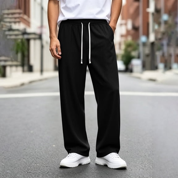 Kojanyu Men's Wide Leg Pants with Drawstring Waist, Casual Loose Straight Drape Lounge Trousers for Streetwear,Black,L