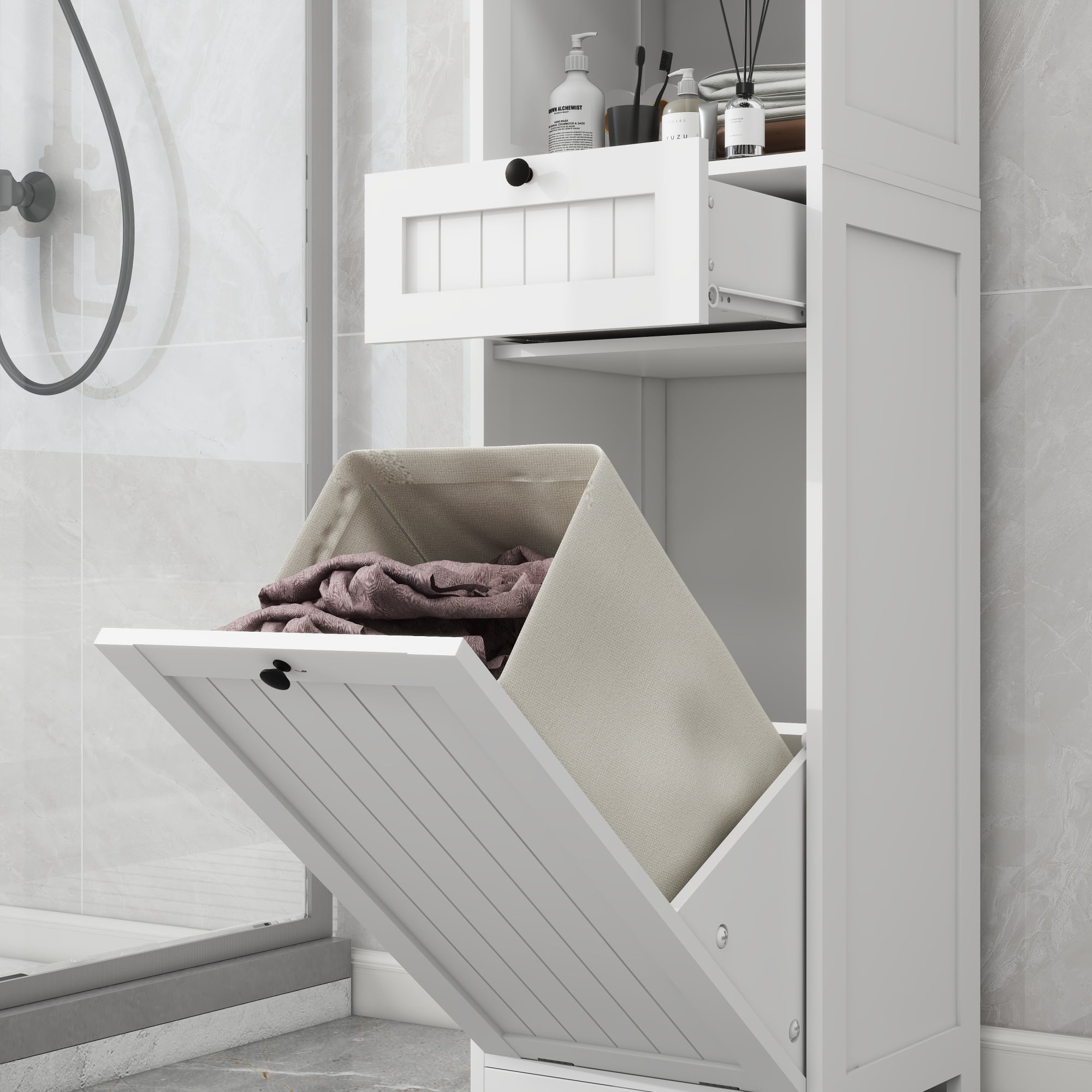 Leumius Tilt-Out Laundry Hamper Cabinet,Freestanding Laundry Sorter Cabinet with Compartment & Drawer,White
