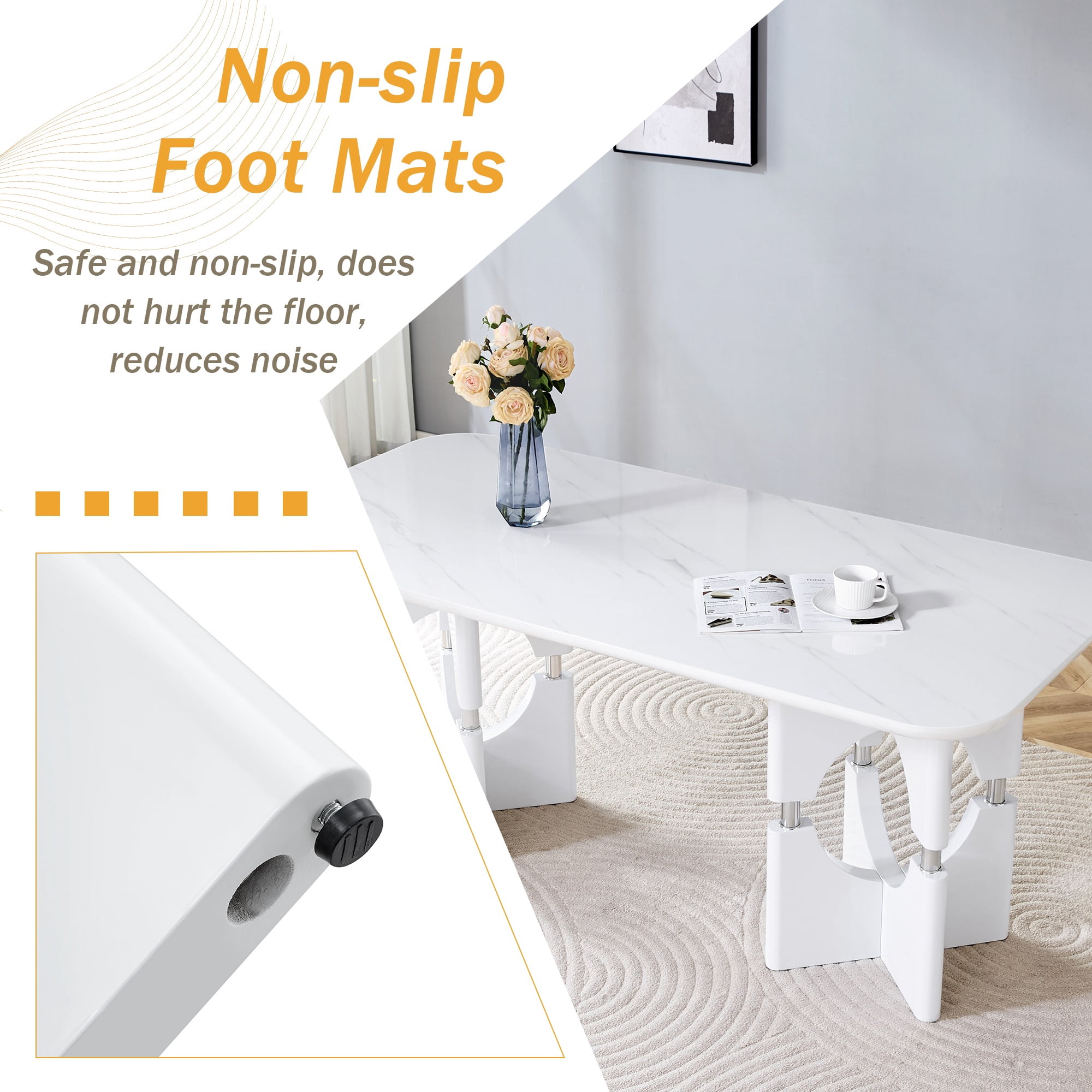 Alvantor 71" White Marble Pattern MDF Dining Table with Metal Frame