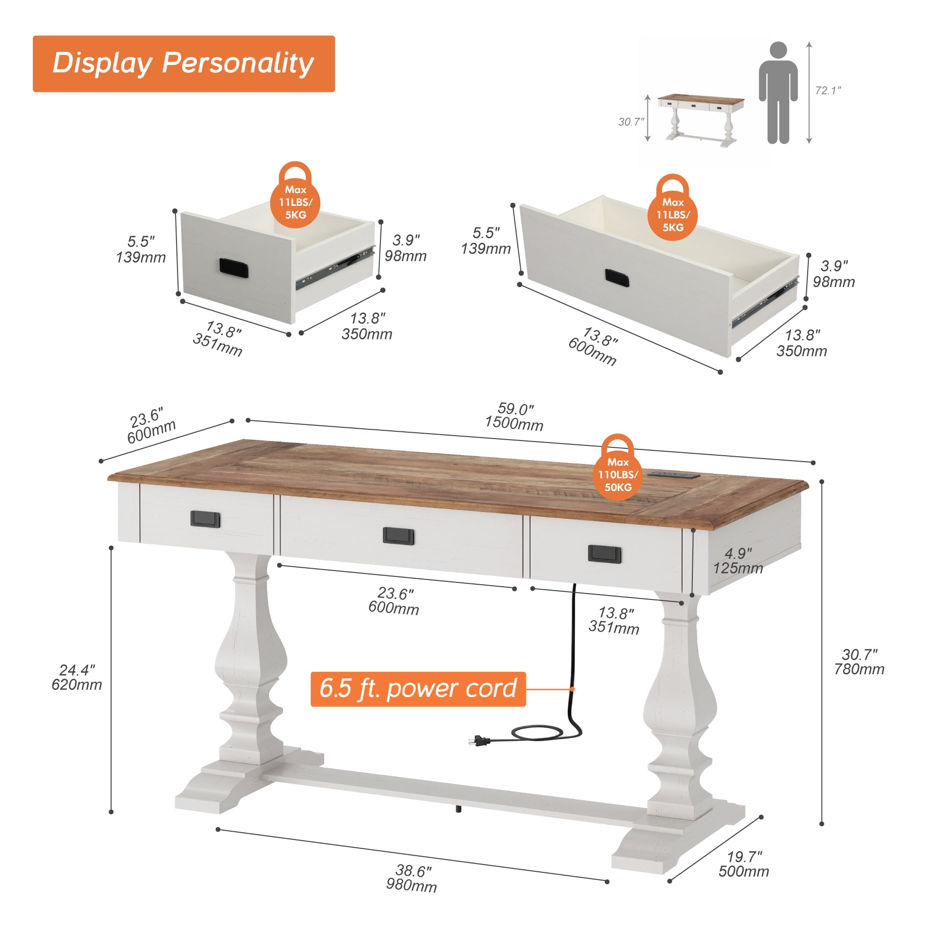WAMPAT Farmhouse Office Desk with Charging Station - Vintage Rustic Executive Writing Table, Includes 3 Storage Drawers, Sturdy Solid Wood Legs and Ergonomic Rounded Edge for Study,Cream White