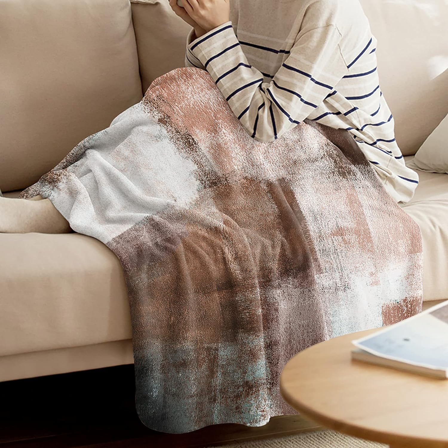 Flannel Fleece Blanket Brown and Grey Super Soft Breathable Throw Blankets Rustic Paint Art Graffiti Lattice Warm Cozy Decorative for Sofa Chair Bedroom All Seasons Use 50" x 60"