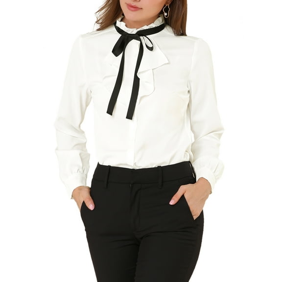 Allegra K Women's Work Office Top Blouse Ruffle Neck Long Sleeve Ribbon Button Down Shirt