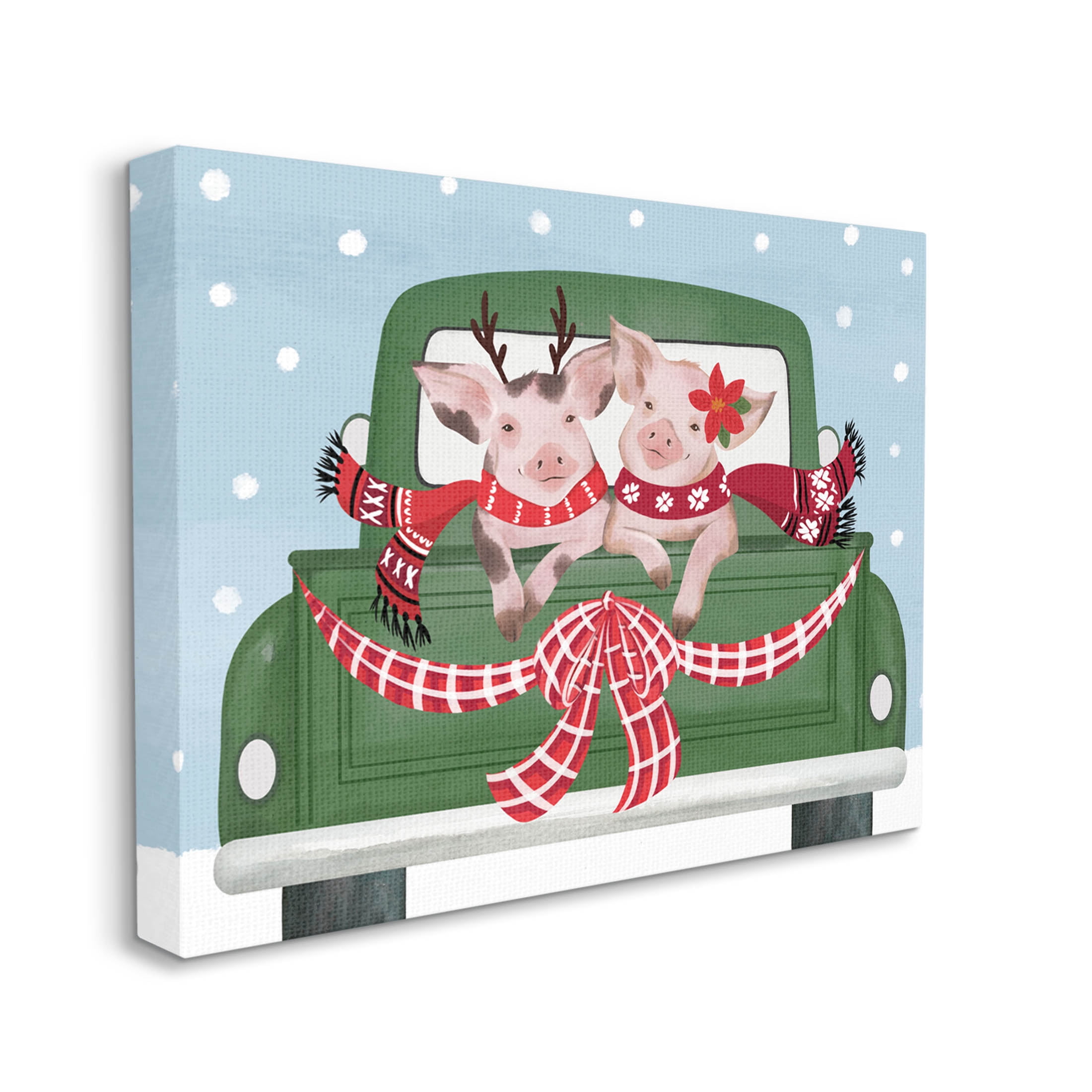 Farmhouse Pigs Green Holiday Truck Holiday Graphic Art Gallery Wrapped Canvas Print Wall Art