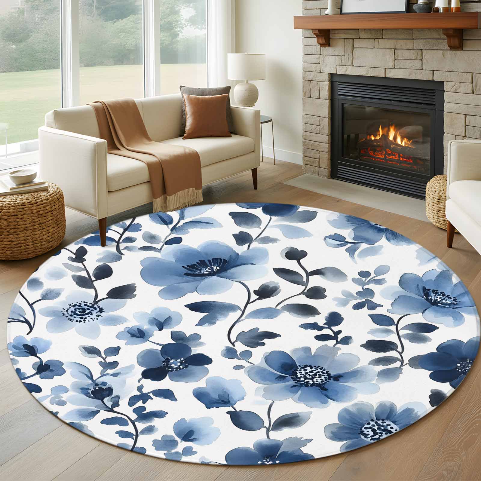 Blue Flowers Round Living Room Rugs 7 ft Retro Spring Watercolor Floral Washable Area Rug with Non-Slip Sturdy Edge Binding Round Carpet for Kitchen Office Bedroom