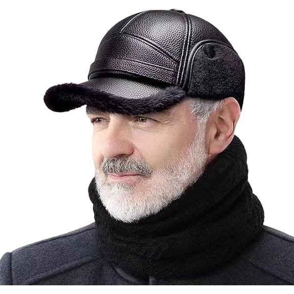 Mens Leather Hats Winter Leather Dad Caps Fur Lined Warm Baseball Cap with Adjustable Earflaps for Windproof Hunting P