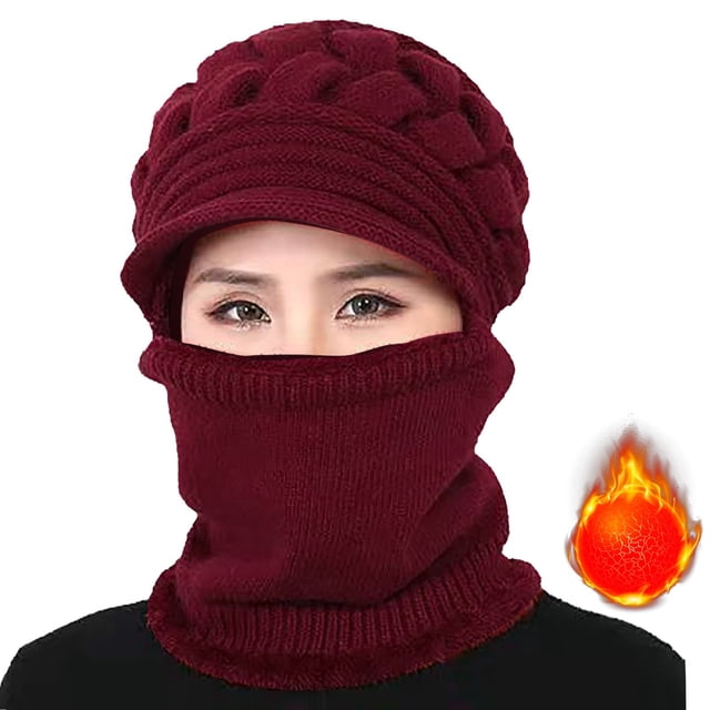 Jusqu'à 10$ Bérets Rouges Foulard Tricotée Douce Élastique Chaude d'Hiver pour Femmes avec Doublure en Polaire