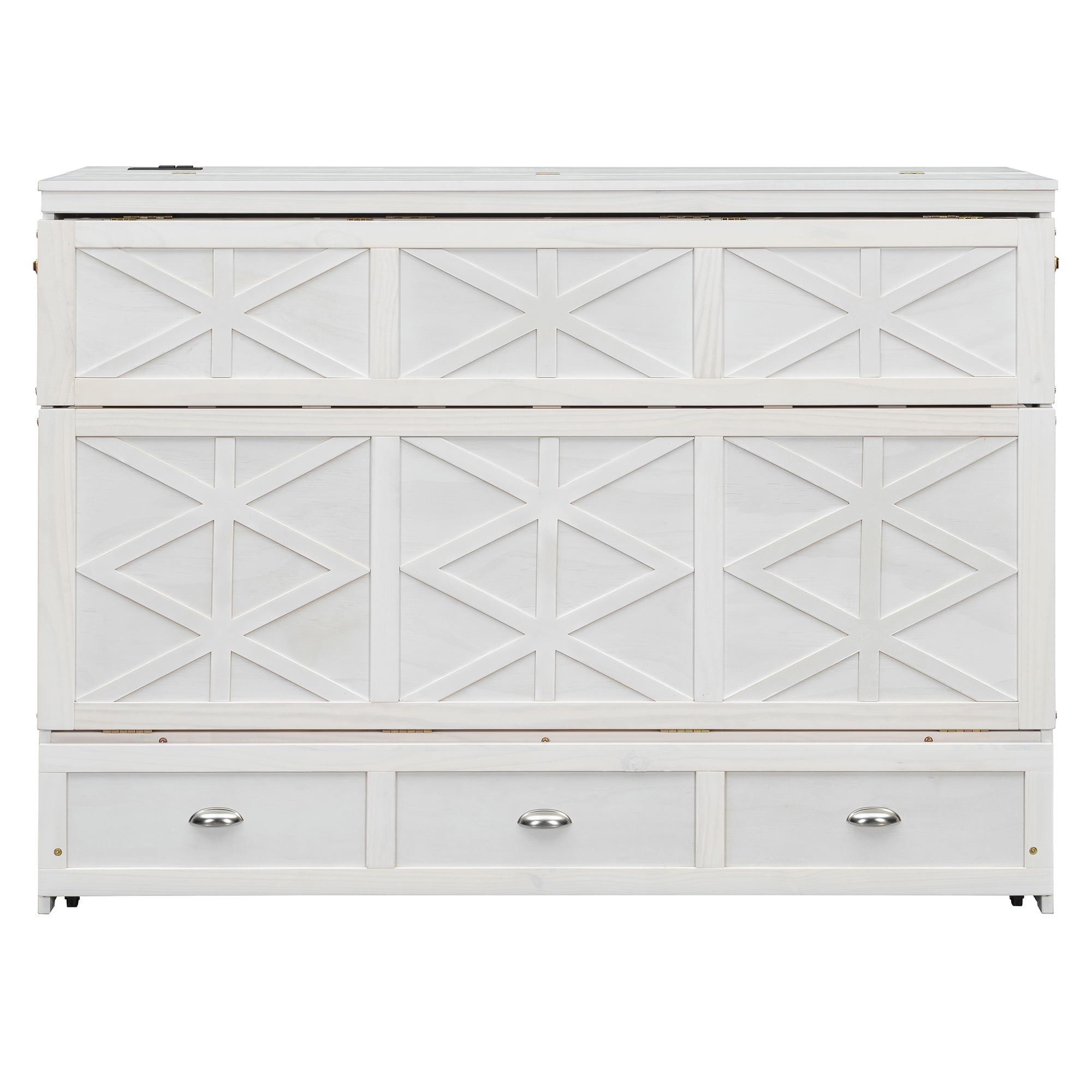 Mintazer Queen Size Murphy Bed with Charge Station & 3 Storage Drawers, Farmhouse Geometric Pattern Foldable Cabinet Wall Bed for Guest Room Small Apartment, White