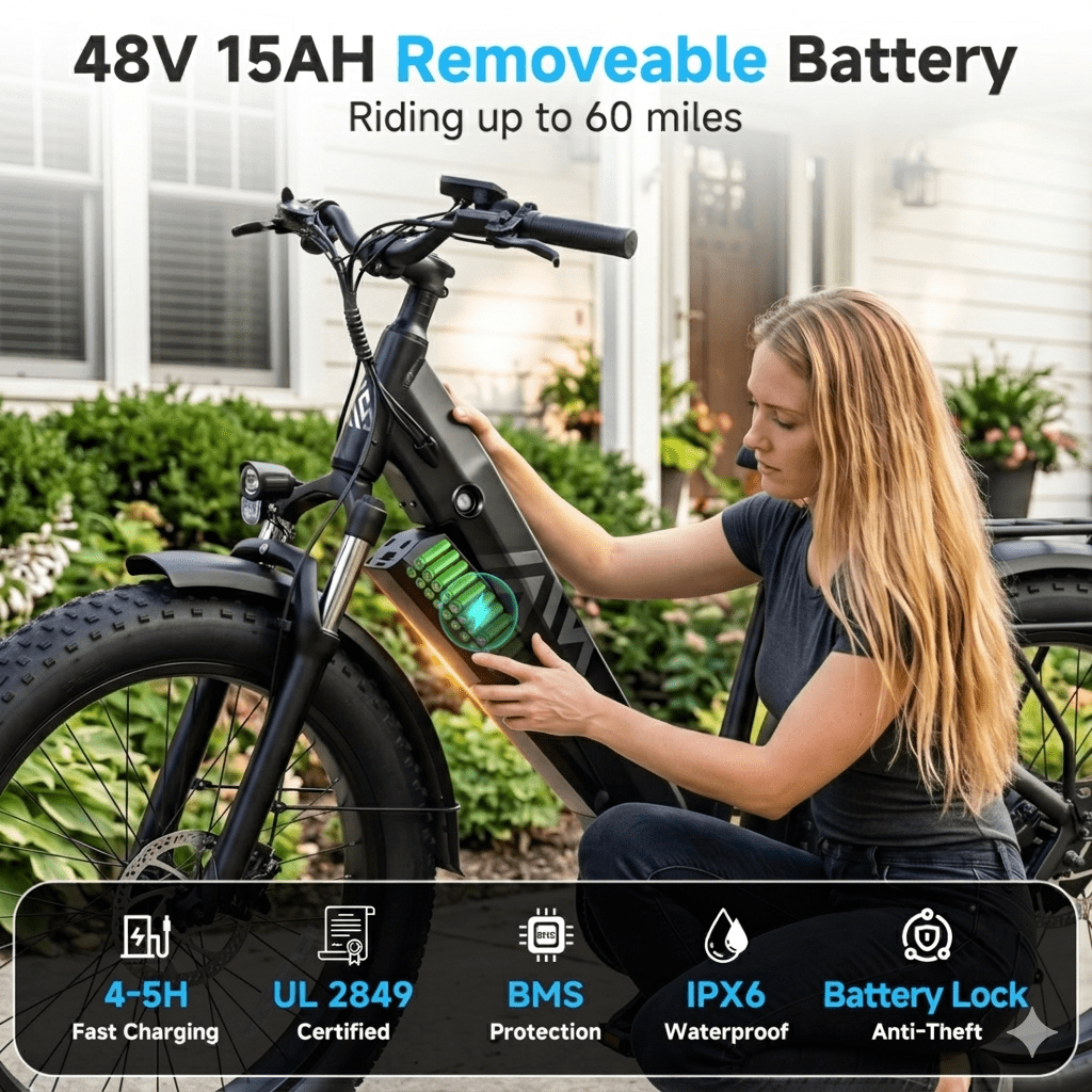 TST Dreamer Electric Bike for Women, 750W E-Mountain Bike, 26" Fat Tire Electric Bike, 48V/15Ah Battery UL2849, 60Miles Long Range, 7-Speed Gear, 20mph Fast Ebike