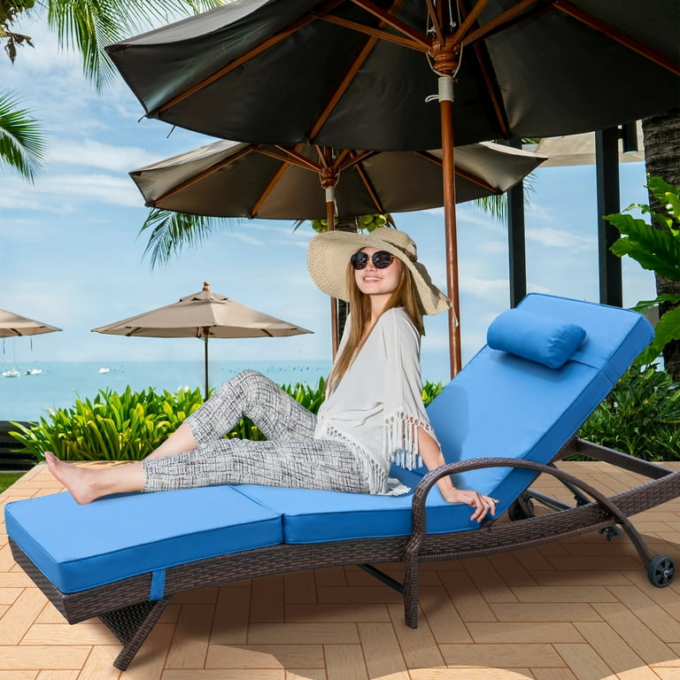 NOBLEMOOD Outdoor Chaise Lounge Set of 2, Blue Wicker Patio Lounge