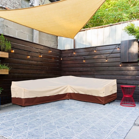 Outdoor Sectional Cover Waterproof -Stop Anti- 600D Heavy Duty  Furniture Couch Sofa Cover with 3  Vents for L-Shaped 120x90 Inch Beige Reddish Brown