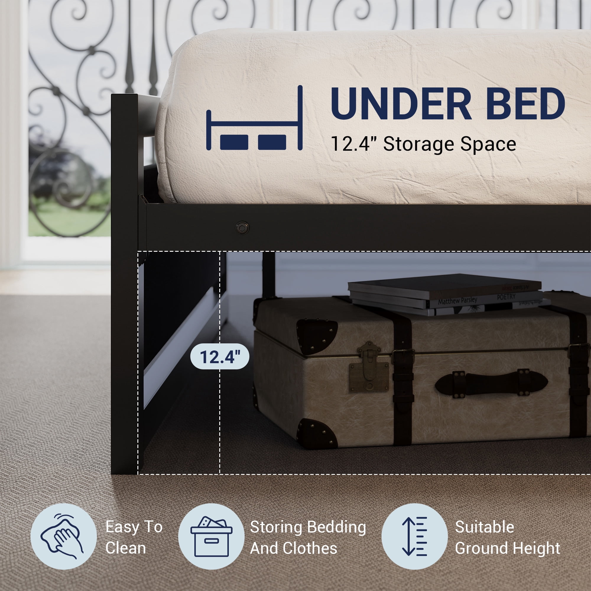 Allewie Full Bed Frame, Metal Platform Bed Frame with Wooden Headboard, 12.4" Under-Bed Storage, Black