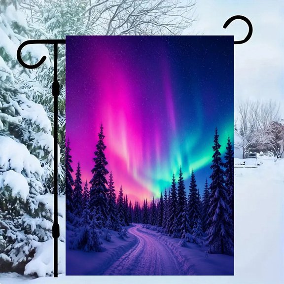 RKSupls Linen Double Sided Garden Flag, Pink Aurora Snowy Path Forest Yard Flag Durable Wrinkle-Proof Outdoor Decor for Garden Lawn Patio and Holiday Gift