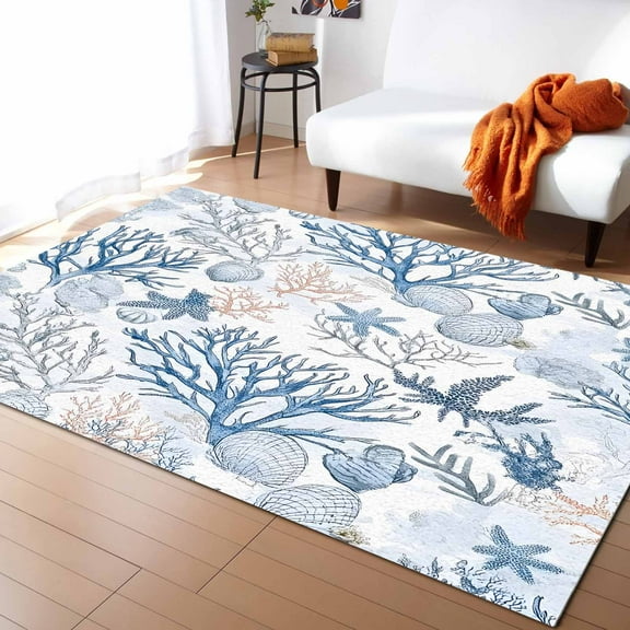 Area Rugs 5x7 Ft Summer Blue Coral Seashell Starfish Nautical Coastal Ocean Non-Slip Washable Rug Indoor Rug Floor Mats Non Shedding Carpet for Living Room Bedroom Dining Room Home Decor