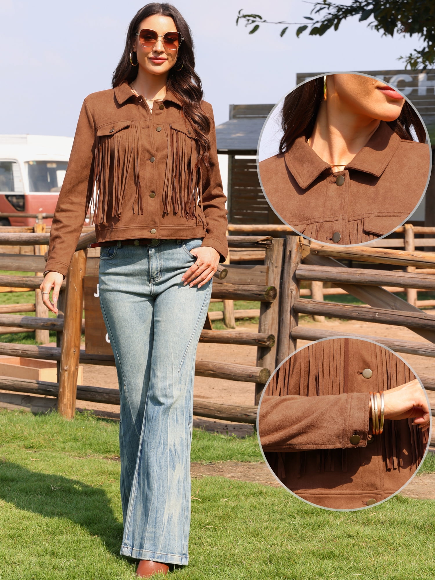 DARING DIVA Women's Faux Suede Fringe Cowgirl Style Long Sleeve Jacket L Brown