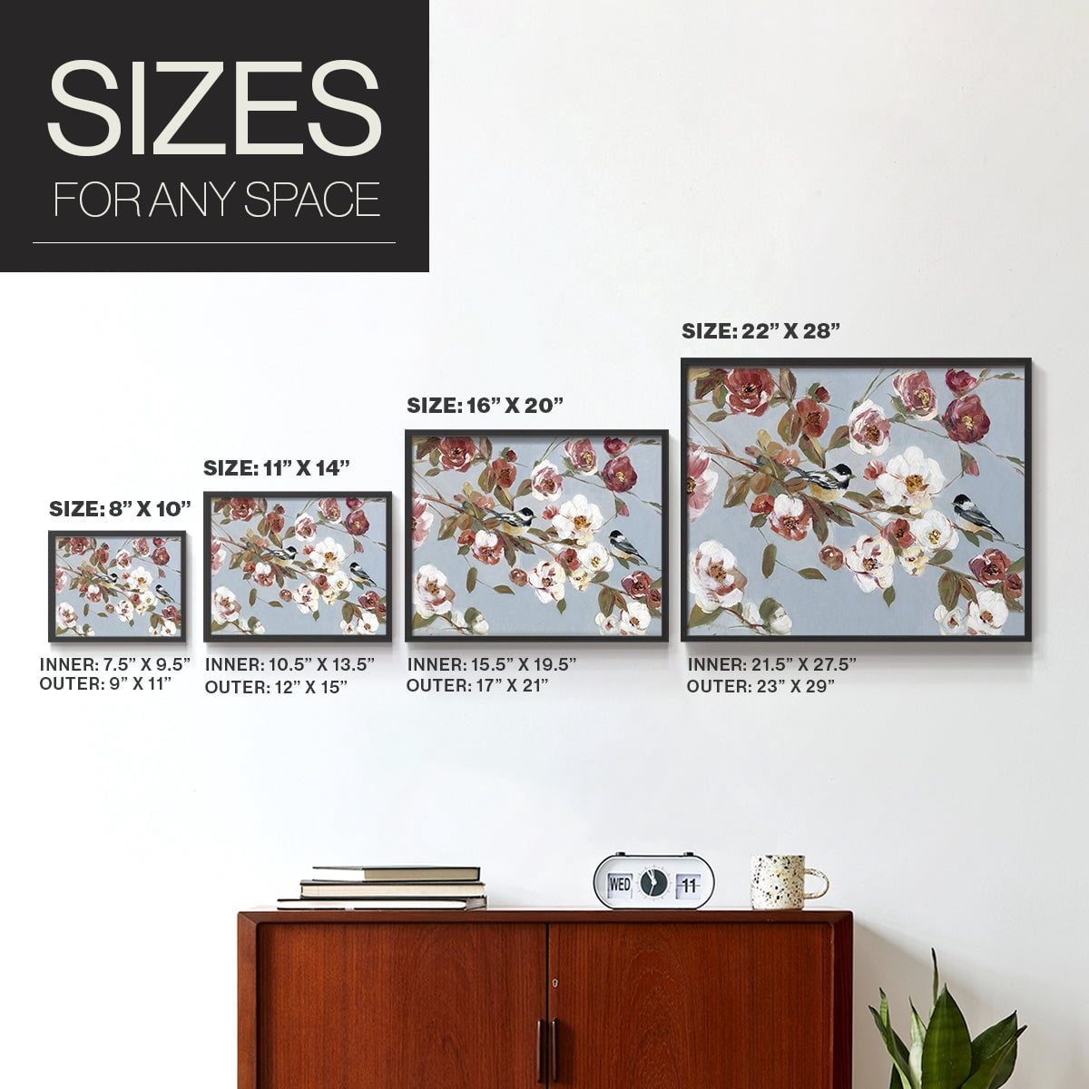 Chickadees and Blossoms II by Sally Swatland - Restickable Framed Giclée Print