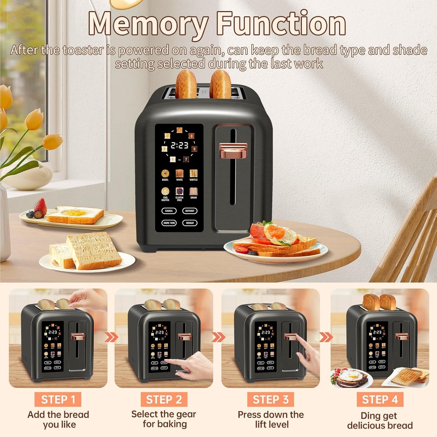 SEEDEEM Toaster 2 Slice, Touch Control Stainless Toaster LCD Display, 50% Faster Heating Speed, 1.4'' Wide Slots, More Timer Functions, Removable Crumb Tray, 1350W, Dark Metallic