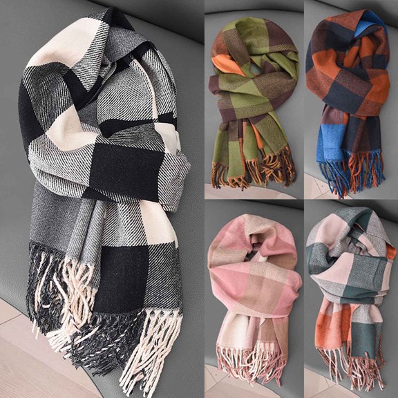 Holiday Gifts! Titcea Winter Scarf for Women Thicken Tassels Plaid Print Shawls Wraps Windproof Warm Outdoor Cold Protection Scarves