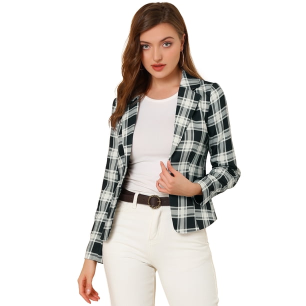 Chaqueta Tipo Blazer Informal Con Solapa De Muesca Y Manga Larga Para Mujer Cuadros negros XS