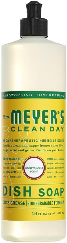 Mrs. Meyer's Clean Day Honeysuckle Scent Variety, 1 Room Freshener 8 oz, 1 Liquid Dish Soap 16 oz, 1 Liquid Hand Soap 12.5 oz, 1 Multi-surface Cleaner 16 oz