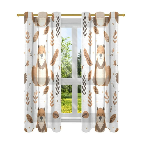 Sheer Curtains 2 Panels Set Grommet Drapes Window Treatments Light Filtering for Bedroom Living Room W42 x L63 Cute Beaver and Leaf