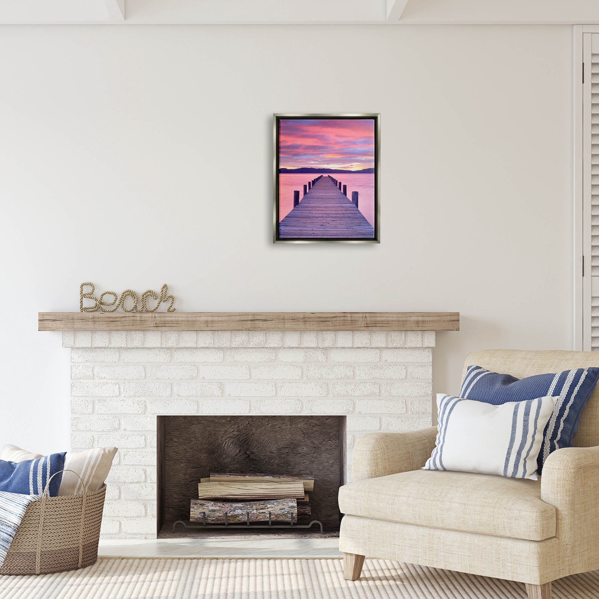 Stupell Industries Vivid Sunset Dock Coastal View Coastal Photography Gray Floater Framed Art Print Wall Art