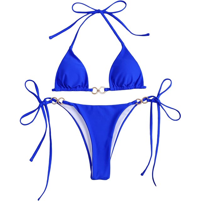Traje de baño de anillo para mujer, triangular, halter, corte alto, lazo lateral, bikini Azul Real M Azul Real M Xishao ropa