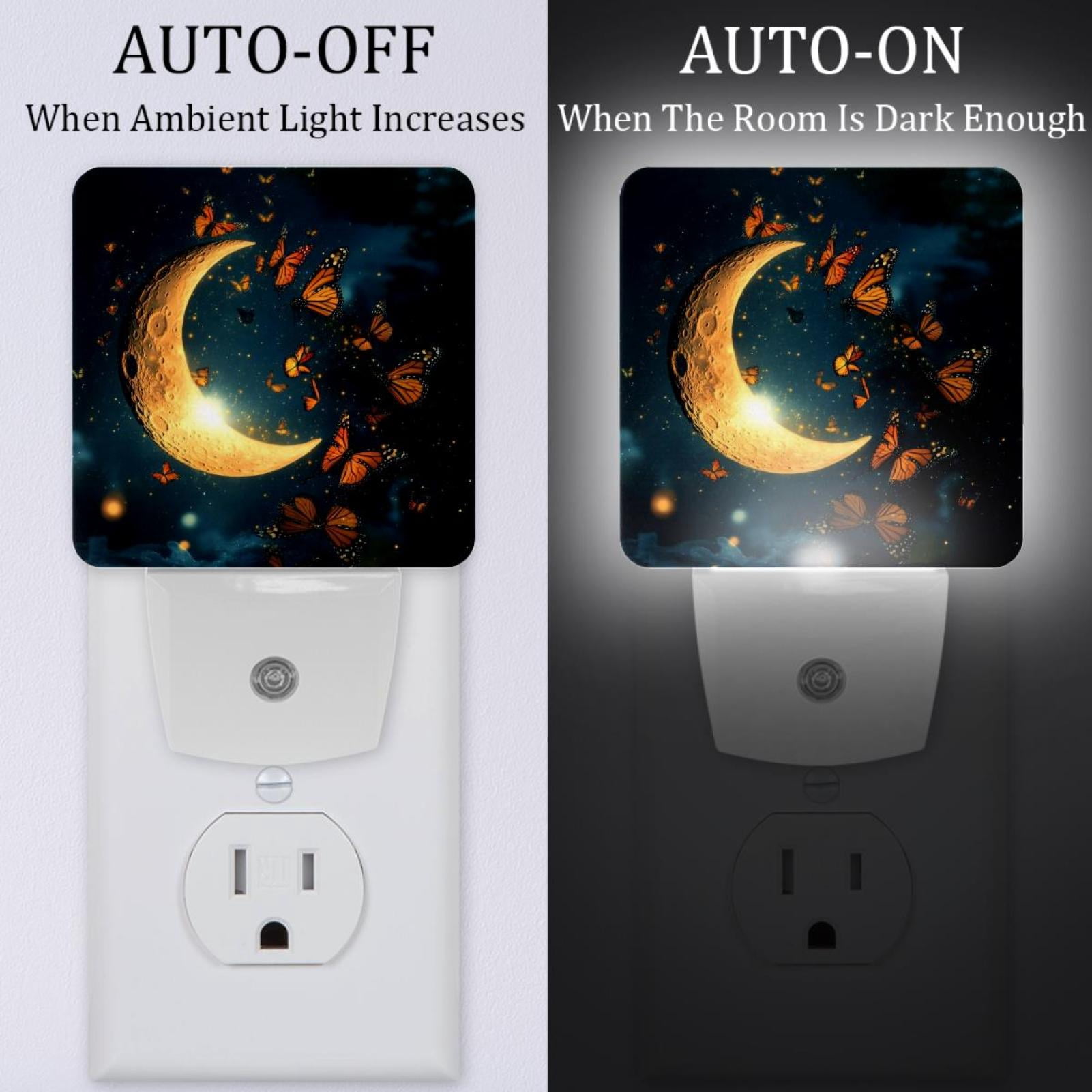PhooArto Butterflies Dancing and Moon Plug in LED Night Light Auto Sensor Dusk to Dawn Decorative Night for Bedroom, Bathroom, Kitchen, Hallway, Stairs, Baby's Room, Energy Saving