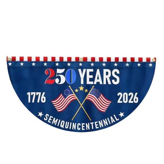 250th Anniversary Half-Round Bunting Flag, Commemorative Decorative Patriotic Banner for Parades Town Events Historical Celebrations, Red White Blue Stripe Design for Porch Fence