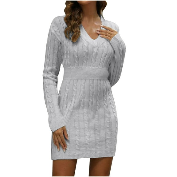 Guluxicc Fall Dresses for Women Casual V Neck Long Sleeve Dresses Pullover Sweater T-Shirt Dress, Gray, M