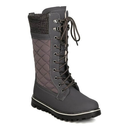 New Women Refresh Polar-01 Mixed Media Mid-Calf Quilted Lace Up Winter Boot