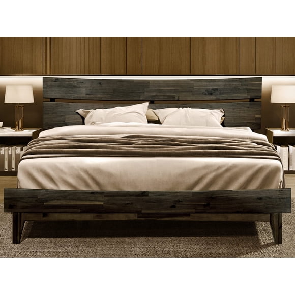 Acacia Aurora Bed Frame with Headboard Solid Wood Platform Bed, King Size Bed Frame, Unique Design Contemporary Signature Wood Bed Compatible with All Mattresses, Non-Slip and Noise-Free, Mocha