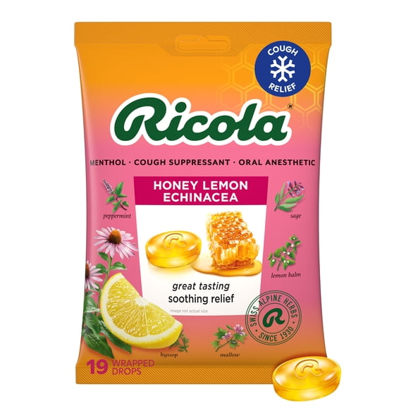 Ricola Honey Lemon with Echinacea Cough Drops for Sore Throat and Cough Relief, 19 Count