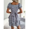 thumbnail image 5 of Women's Floral Sweetheart Neck Flounce Sleeve Mini Dress Chic Romantic Vacation Style Short Sleeves Lined 100% Polyester, 5 of 8