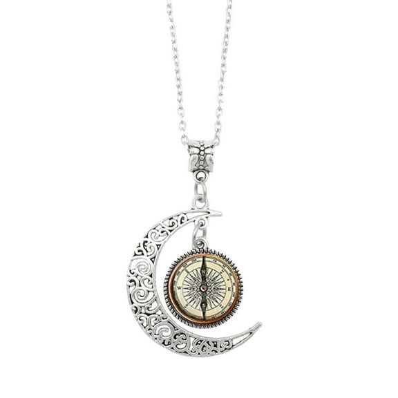 Kayannuo Christmas Steampunk Compass Pendant Necklace Vintage Compass Moon Glass Art Jewelry