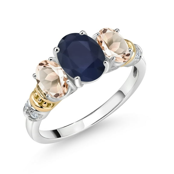 Gem Stone King 925 Sterling Silver and 10K Yellow Gold Oval Blue Sapphire Peach Morganite and White Diamond 3 Stone Ring for Women (2.83 Cttw, Gemstone September Birthstone, Size 8)