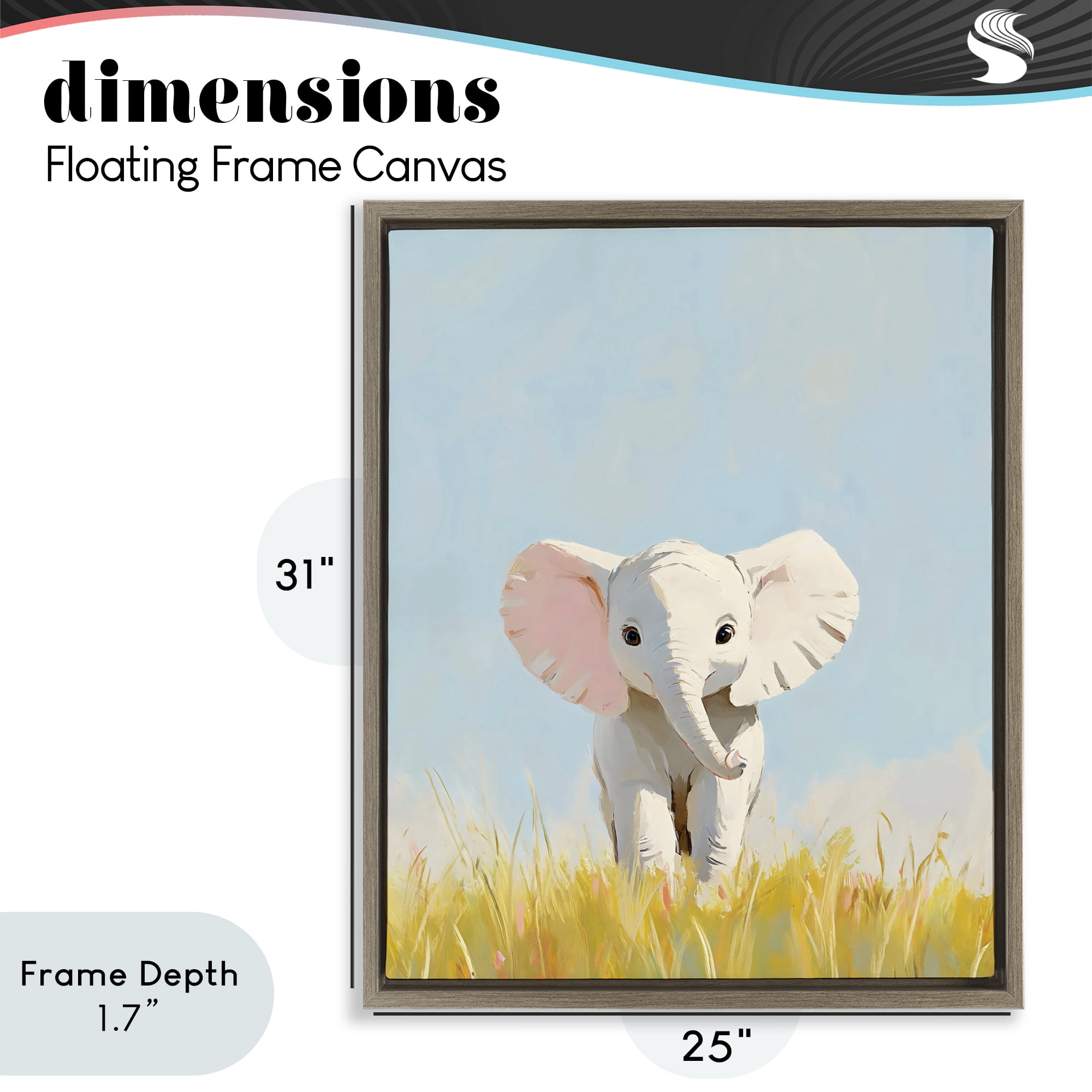 Stupell Industries White Baby Elephant in Grass Brown Framed Floater Canvas Wall Art, design by The Prints Vibe