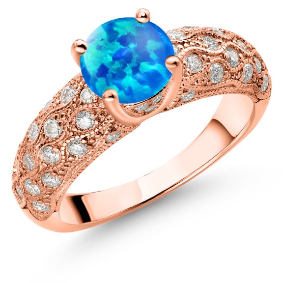 Gem Stone King 18K Rose Gold Plated Silver Blue Simulated Opal and White Moissanite Engagement Ring for Women (1.20 Cttw, Round Cabochon 7MM, Gemstone October Birthstone, Size 6)