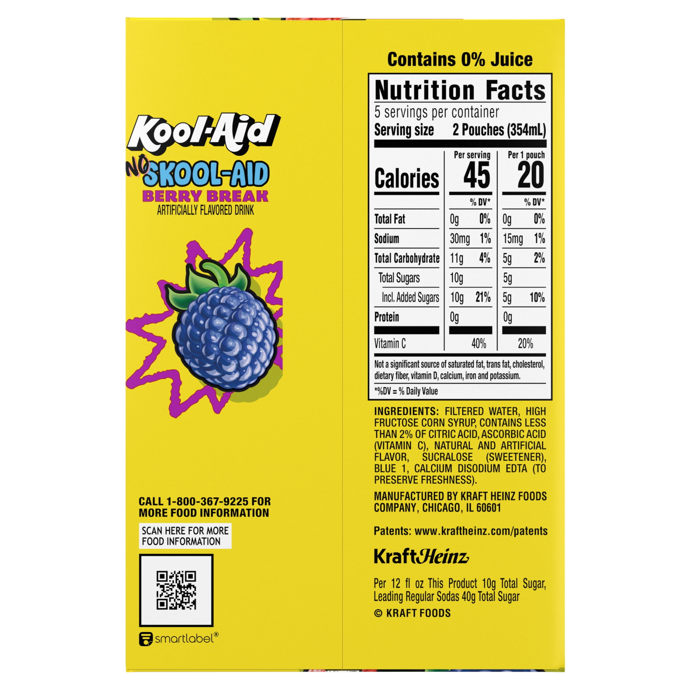 Kool-Aid No Skool-Aid Artificially Flavored Drink, 10 Pouches, for School Lunches and On-the-Go Hydration, Berry Break Artificially Flavored, Excellent Source of Vitamin C, 6 fl oz